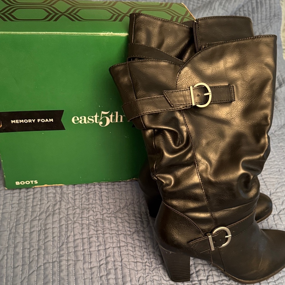 East 5th Black Mid-Calf Buckle Heeled Boots